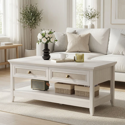 Coffee Table With Drawers & Storage Shelf - White