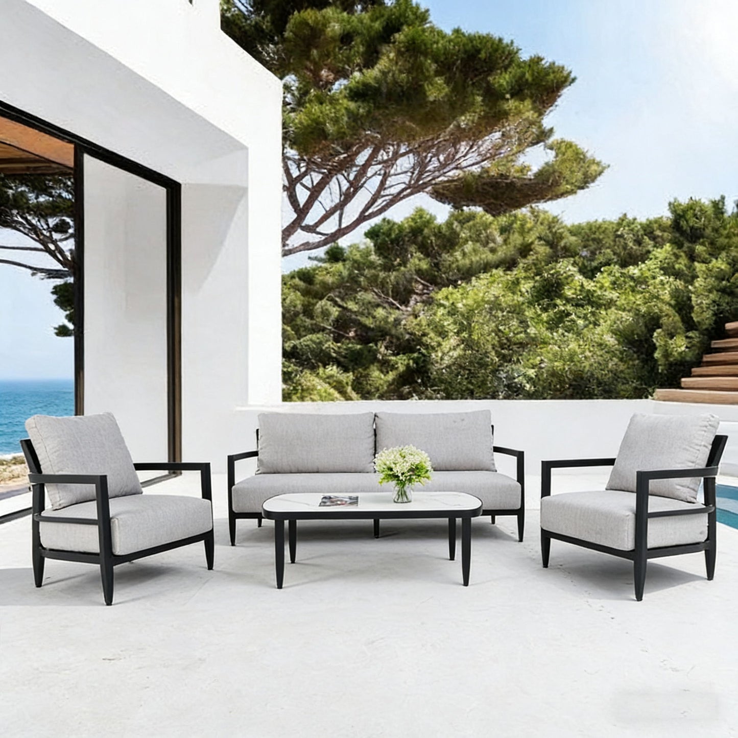 Outdoor Conversation Set With Chairs, Bench Sofa, Tables, Sunbrella Cushions