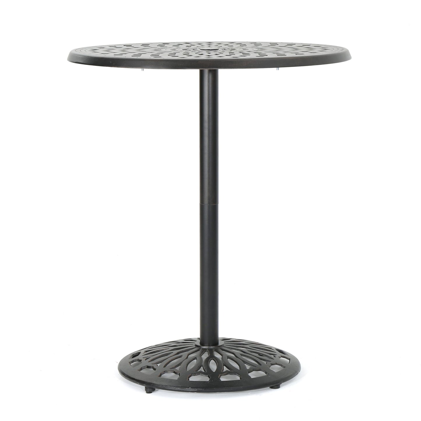 Elegant Cast Aluminum Round Bar Table With Romantic Filigree Design - Copper