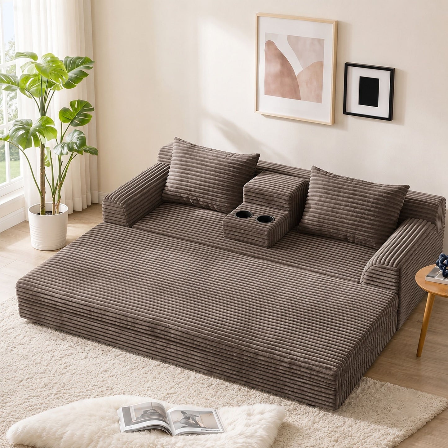 Soft Striped Convertible Sofa Bed, Dual Use Lounge Couch With Cup Holders And Pillows