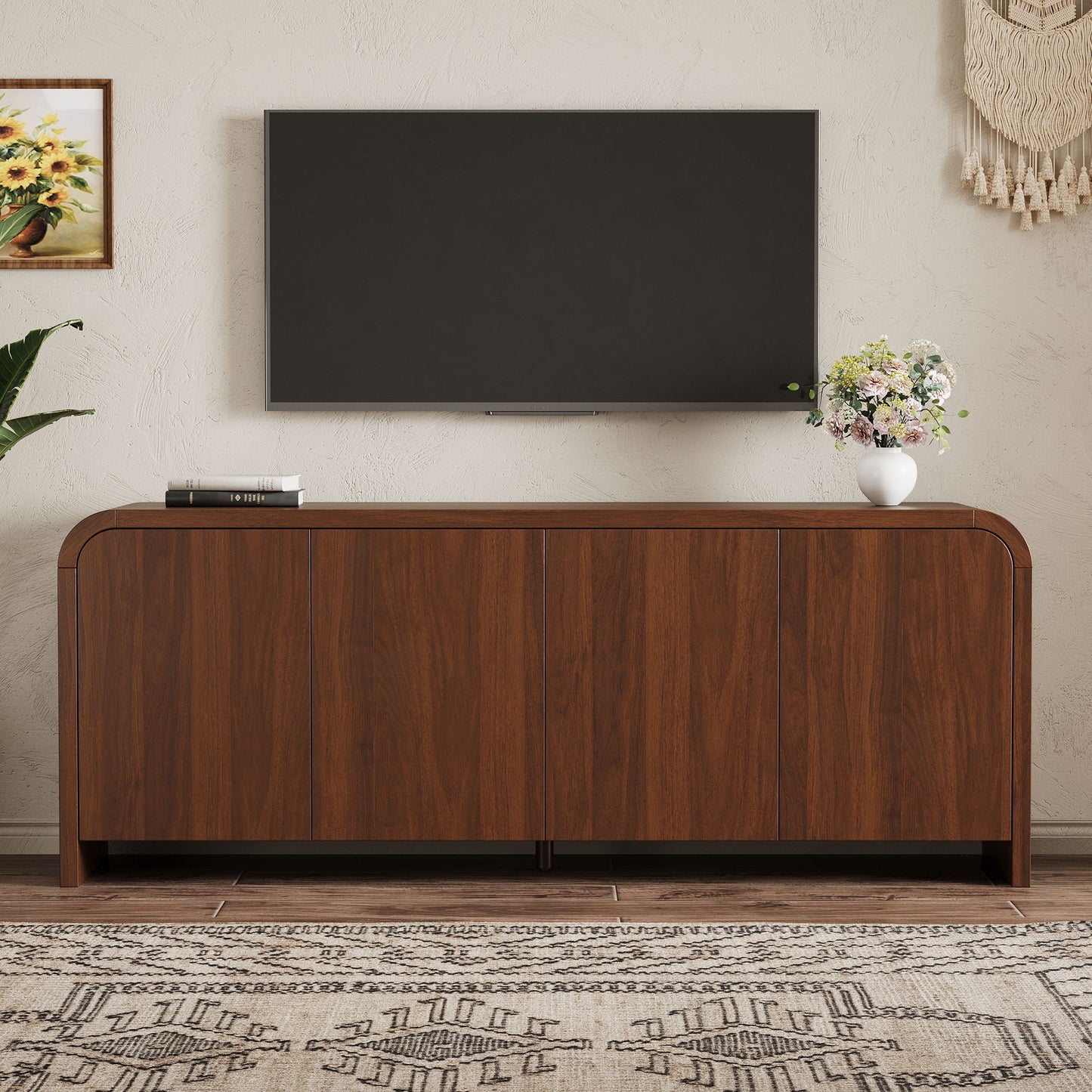 Curved Edge TV Stand With Large Cabinets