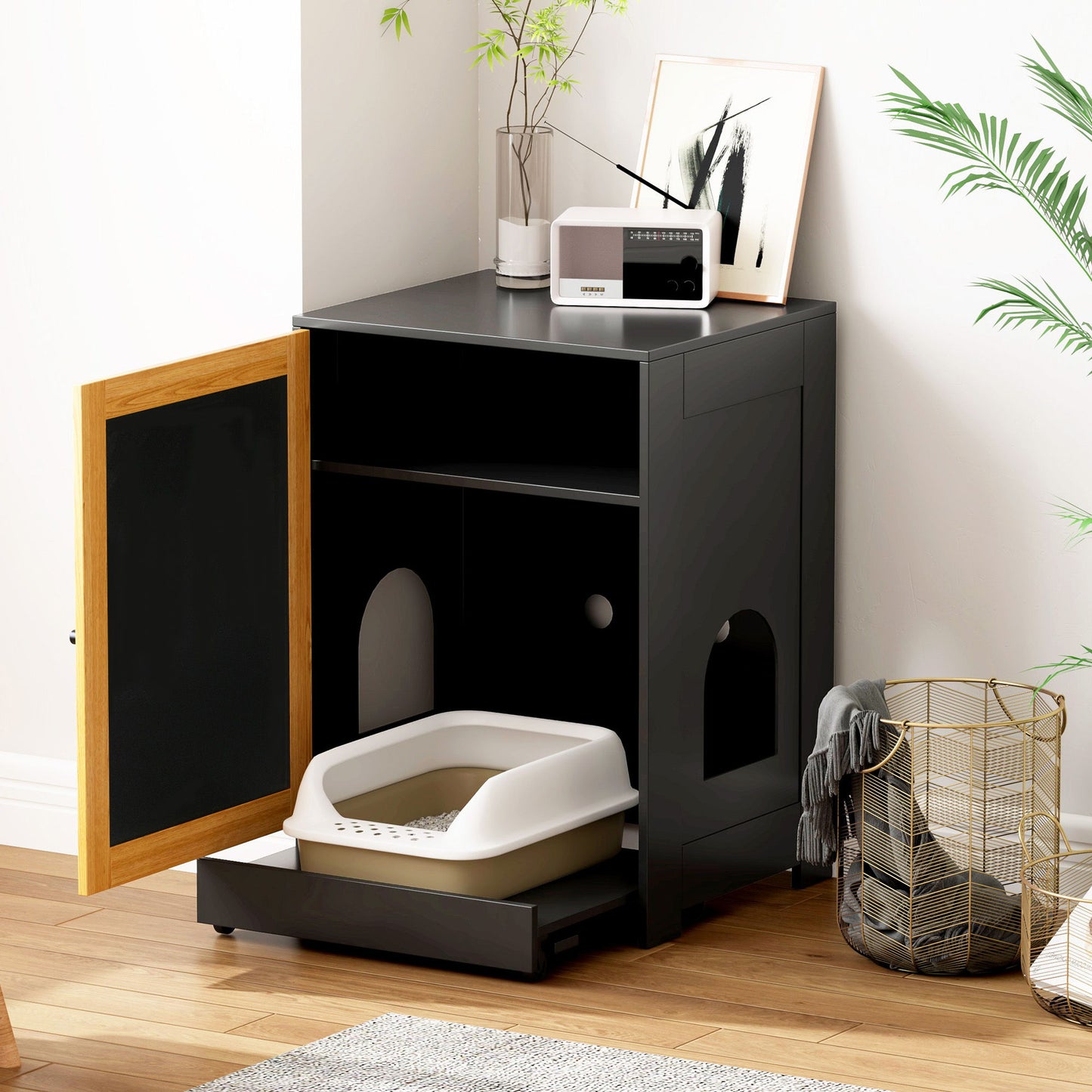 Cat Litter Box Enclosure, Hidden Cat Washroom, Kitty End Table, Litter Cabinet With Sisal Door - Black