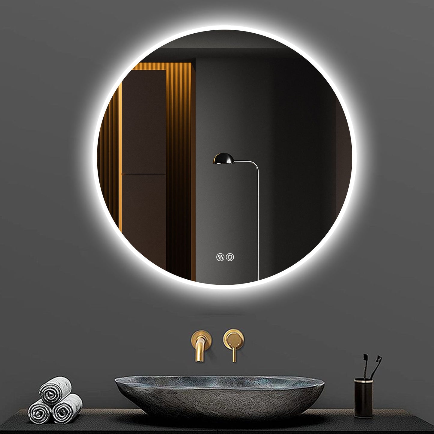 Round LED Bathroom Mirror With Adjustable Lights, Anti Fog & Dimmable For Home Decor - Silver
