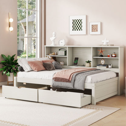 Bed Frame With Side Bookshelves, 2 Drawers, And Built In USB Port