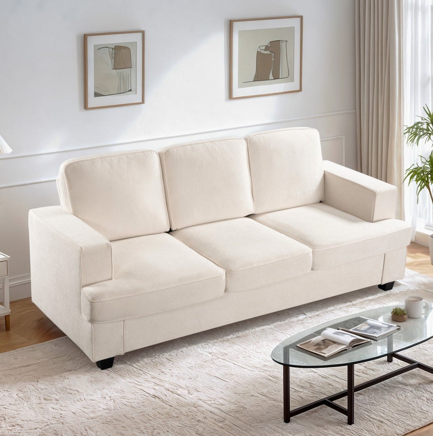 Modern Sofa, Comfortable 3 Seater Couch With Deep Seating, Loose Back Cushions, Wide Arms