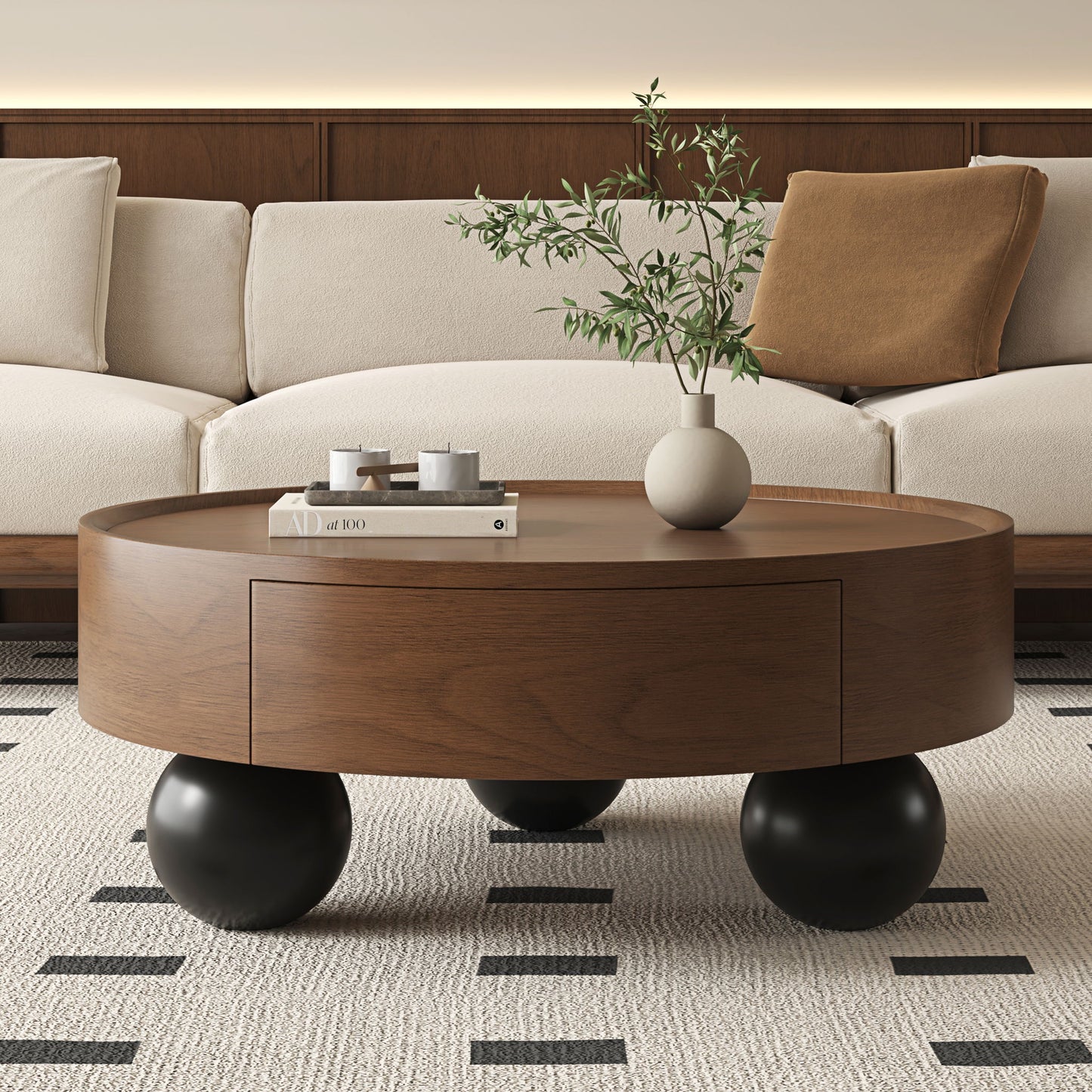 Round Coffee Table With Storage Drawer And Ball Feet - Walnut / Black