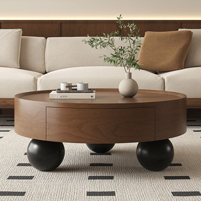 Round Coffee Table With Storage Drawer And Ball Feet - Walnut / Black