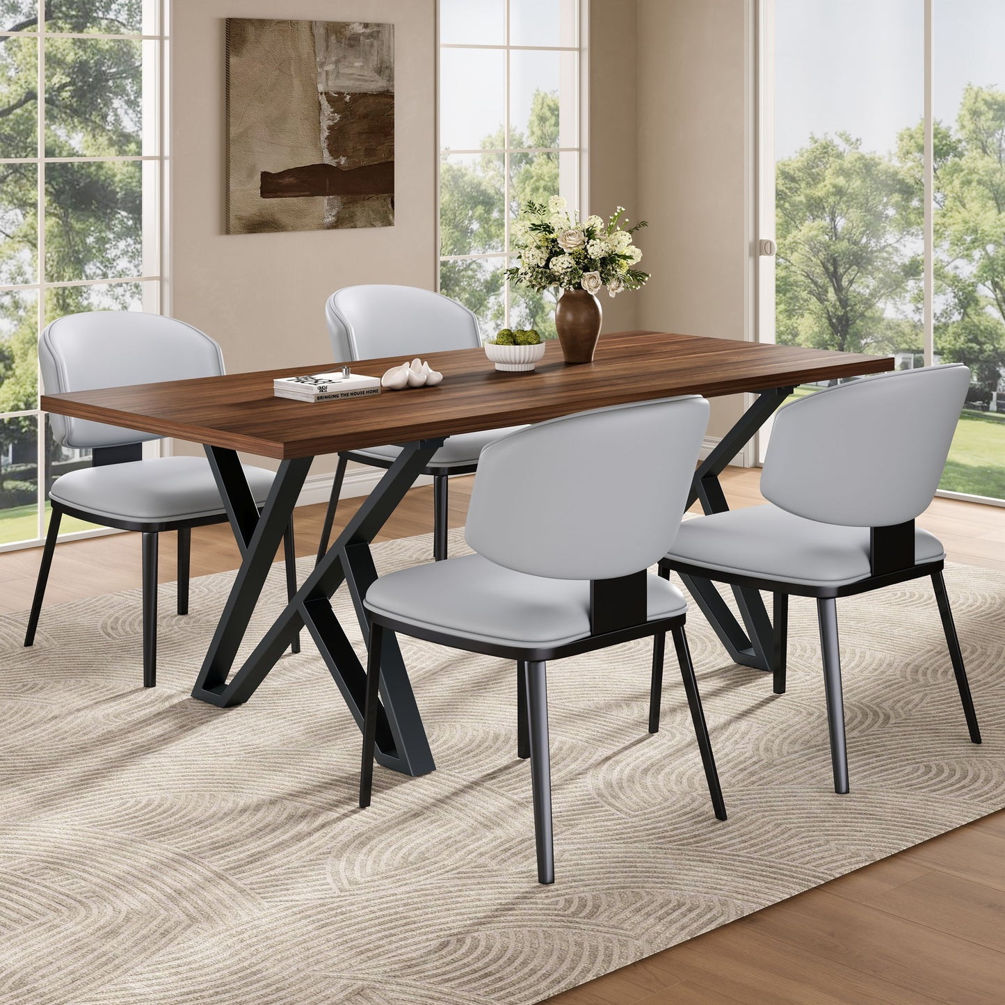 5 Pieces Modern Faux Leather And Metal Dining Set