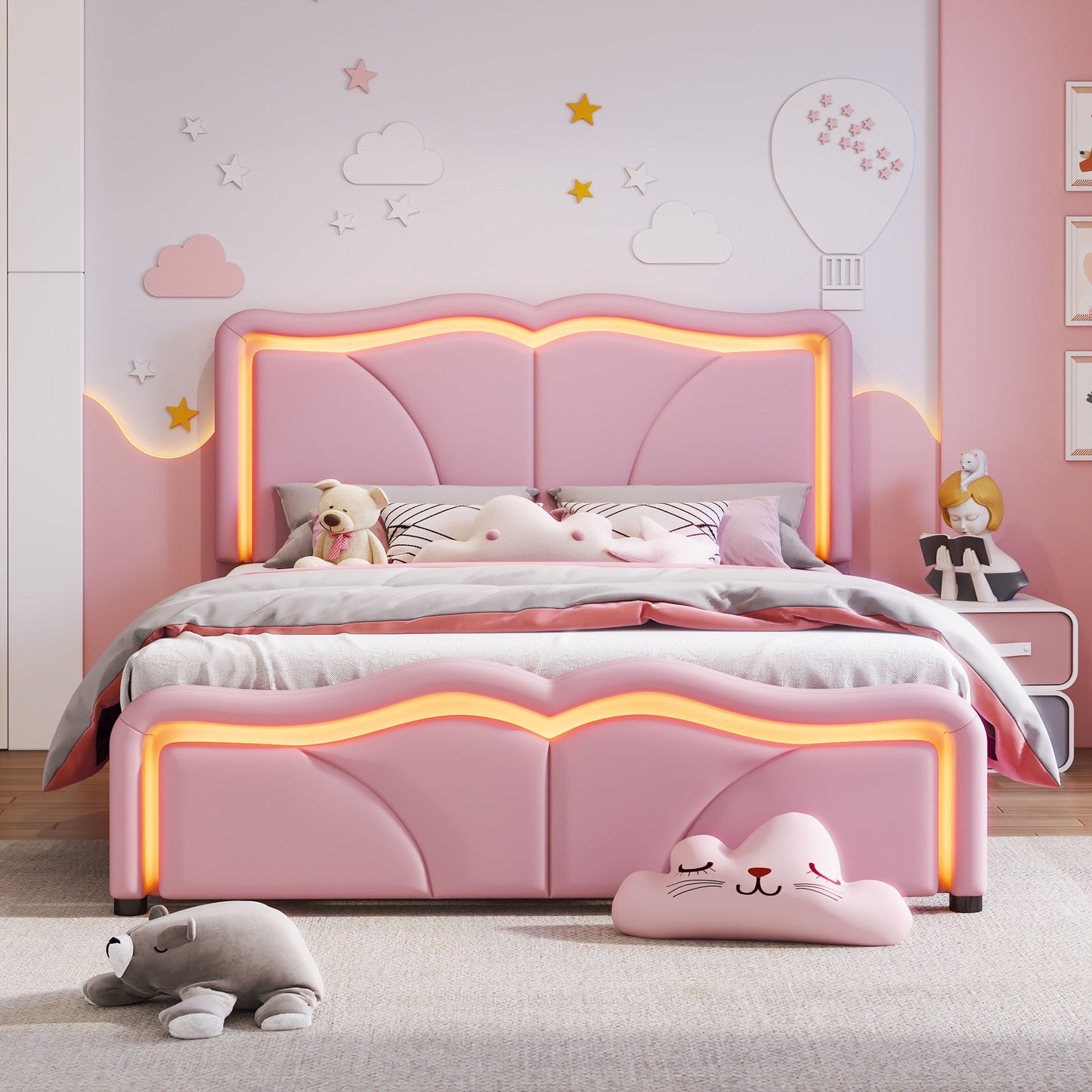 Upholstered Platform Bed & Curve Shaped And Height Adjustable Headboard, LED Light Strips