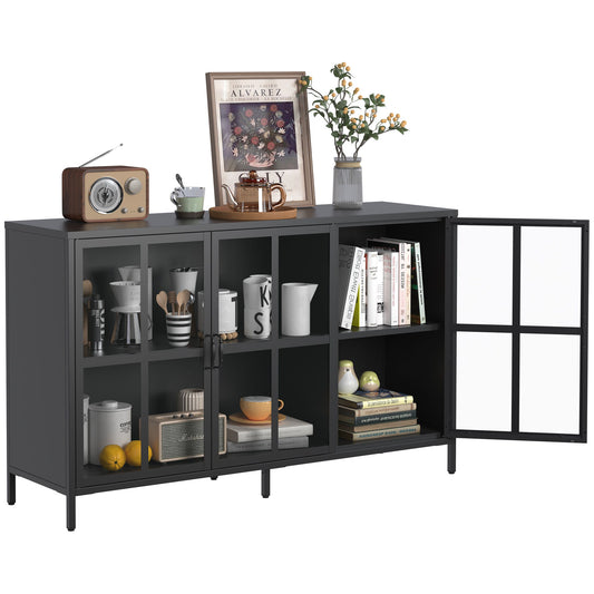 Modern Heavy Duty Metal Sideboard Buffet Cabinet With Storage, Adjustable Feet, Glass Doors, Steel - Black