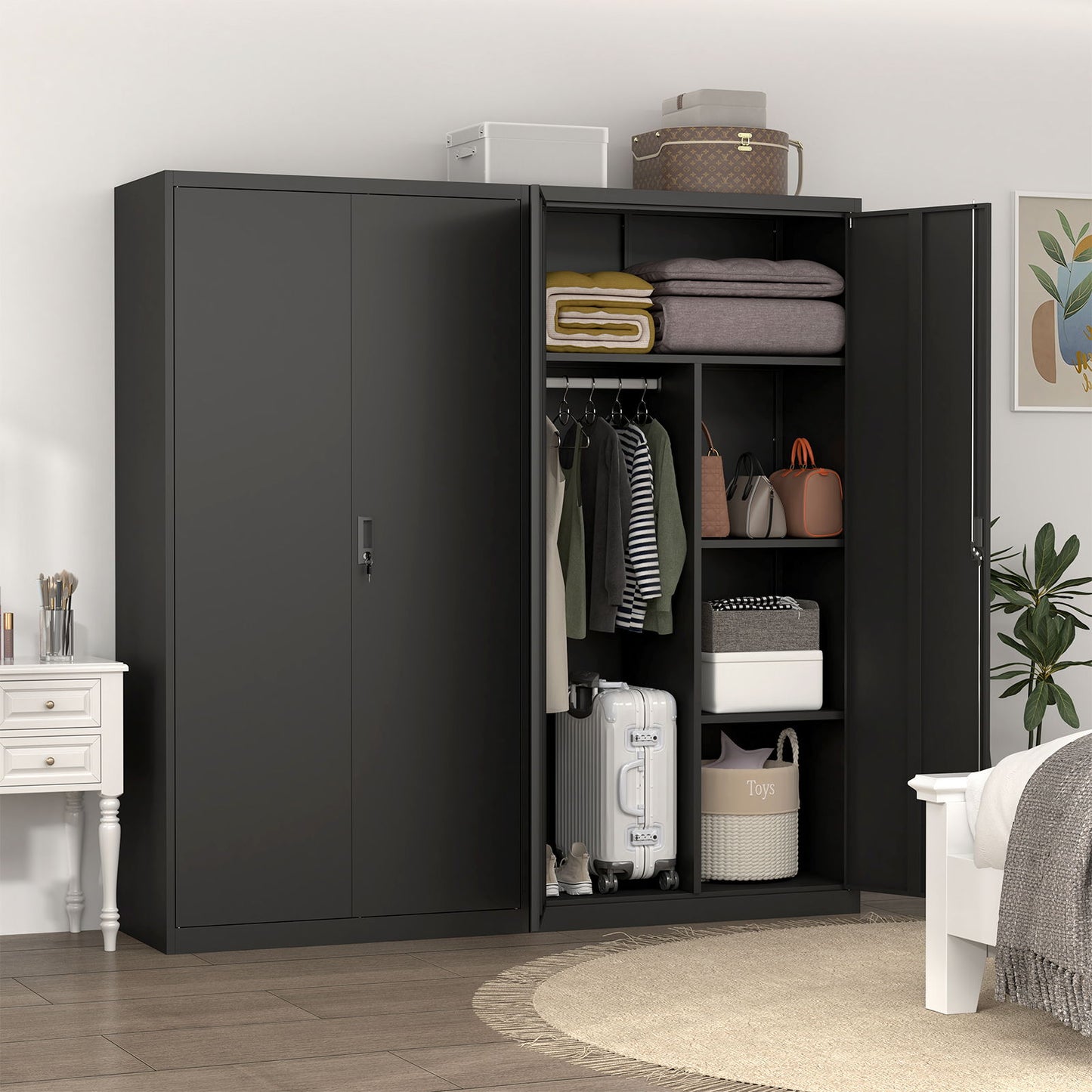 Large Capacity Wardrobe With Hanging Rod And Compartments