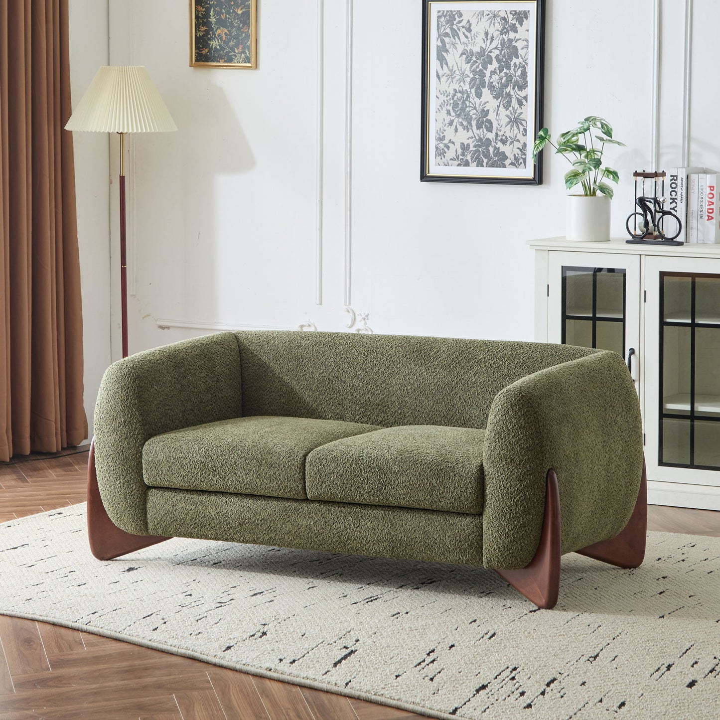 Contemporary Boucle Sherpa Sofa With Birch Wood Legs