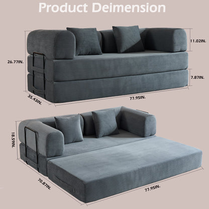 Convertible Sleeper Sofa Bed With Cylindrical Pillow, With Fixed Shape Frame