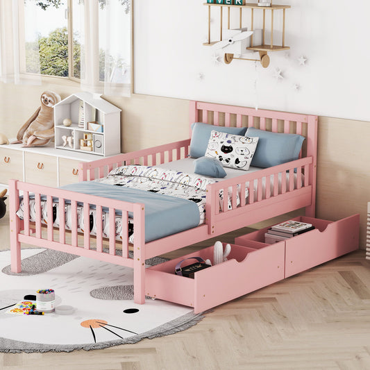 Platform Bed With Guardrails On Both Sides And 2 Storage Drawers