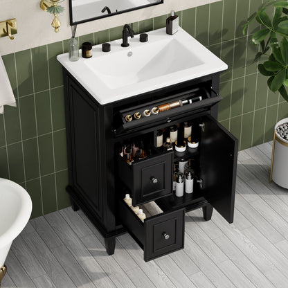 24" Bathroom Vanity With Sink, Cabinet, Adjustable Shelf, Flip Drawer & 2 Drawers - Black