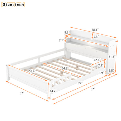 Wood Platform Bed With Built In LED Light, Storage Headboard And Guardrail