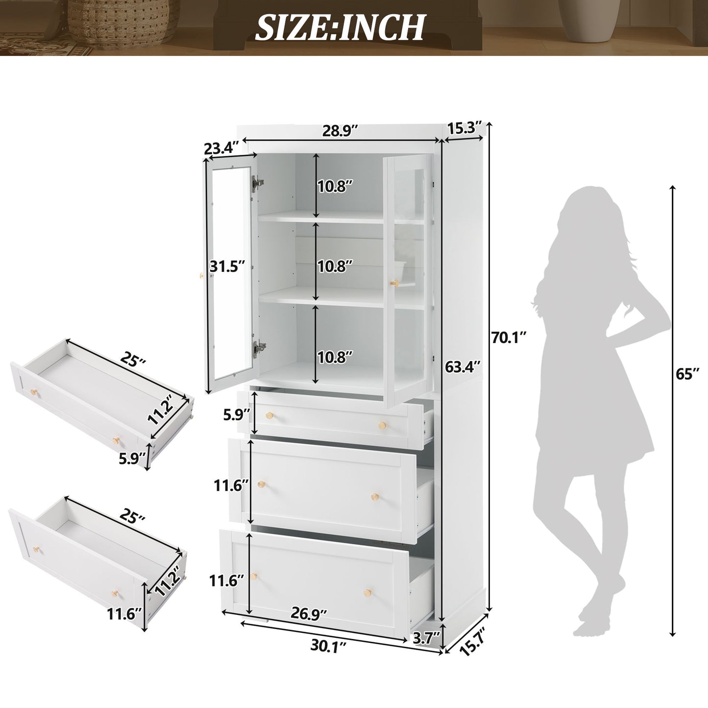 Freestanding Tall Bathroom Cabinet With Adjustable Shelves, Drawers, Soft Close Glass Doors