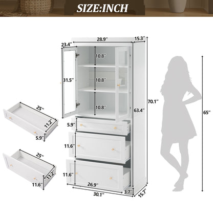 Freestanding Tall Bathroom Cabinet With Adjustable Shelves, Drawers, Soft Close Glass Doors