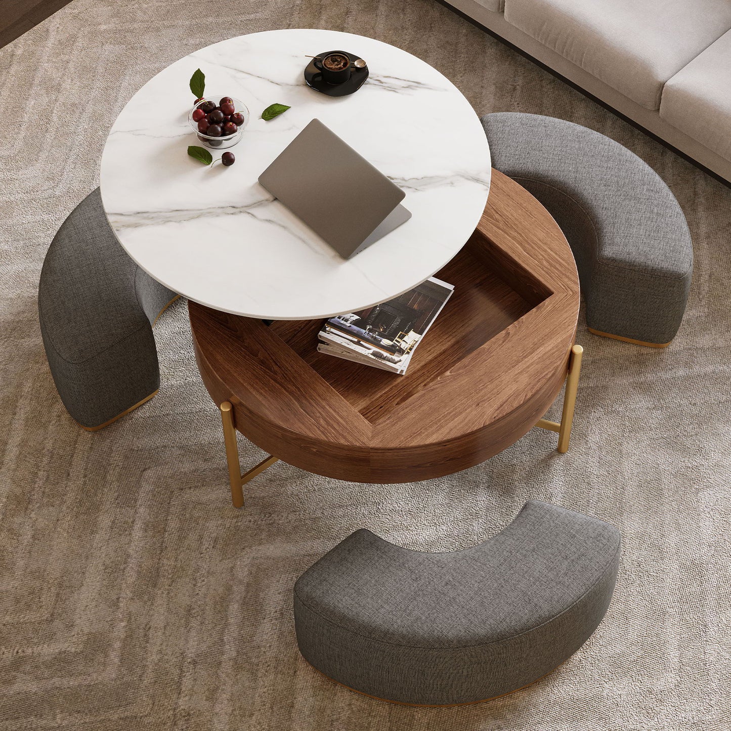 Lift Top Round Coffee Table With Hidden Storage, 3 Upholstered Nesting Ottomans - Brown / Gray / Golden / White