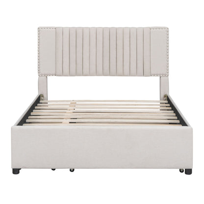 Upholstered Platform Bed With 2 Drawers And 1 Trundle, Classic Headboard Design