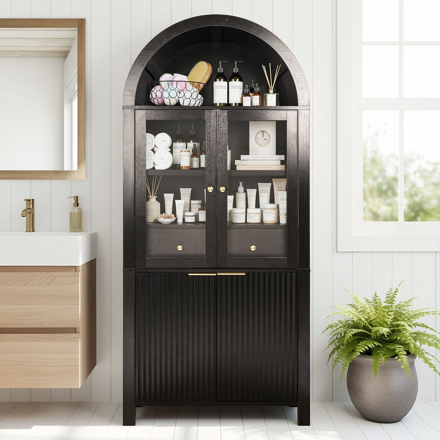 Fluted Tall Arched Pantry Cabinet With Adjustable Shelves, Glass Door & Hidden Drawer For Kitchen