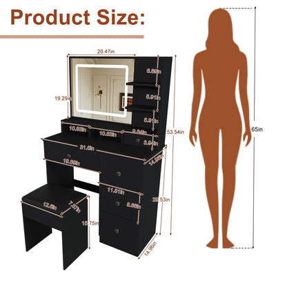 Vanity Desk With Mirror, 3 Color Lighting And Stool