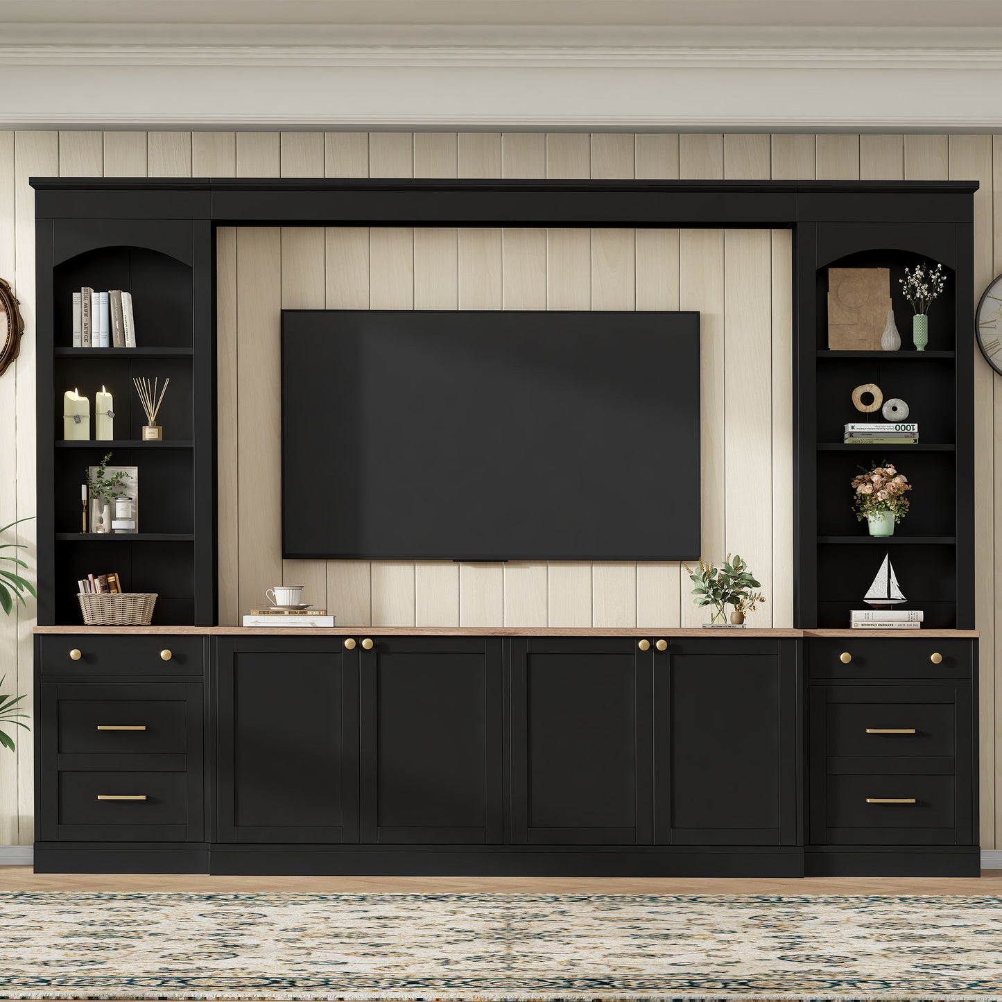 Arched Entertainment Center Wall Unit With Bookshelf, Retro Large TV Stand