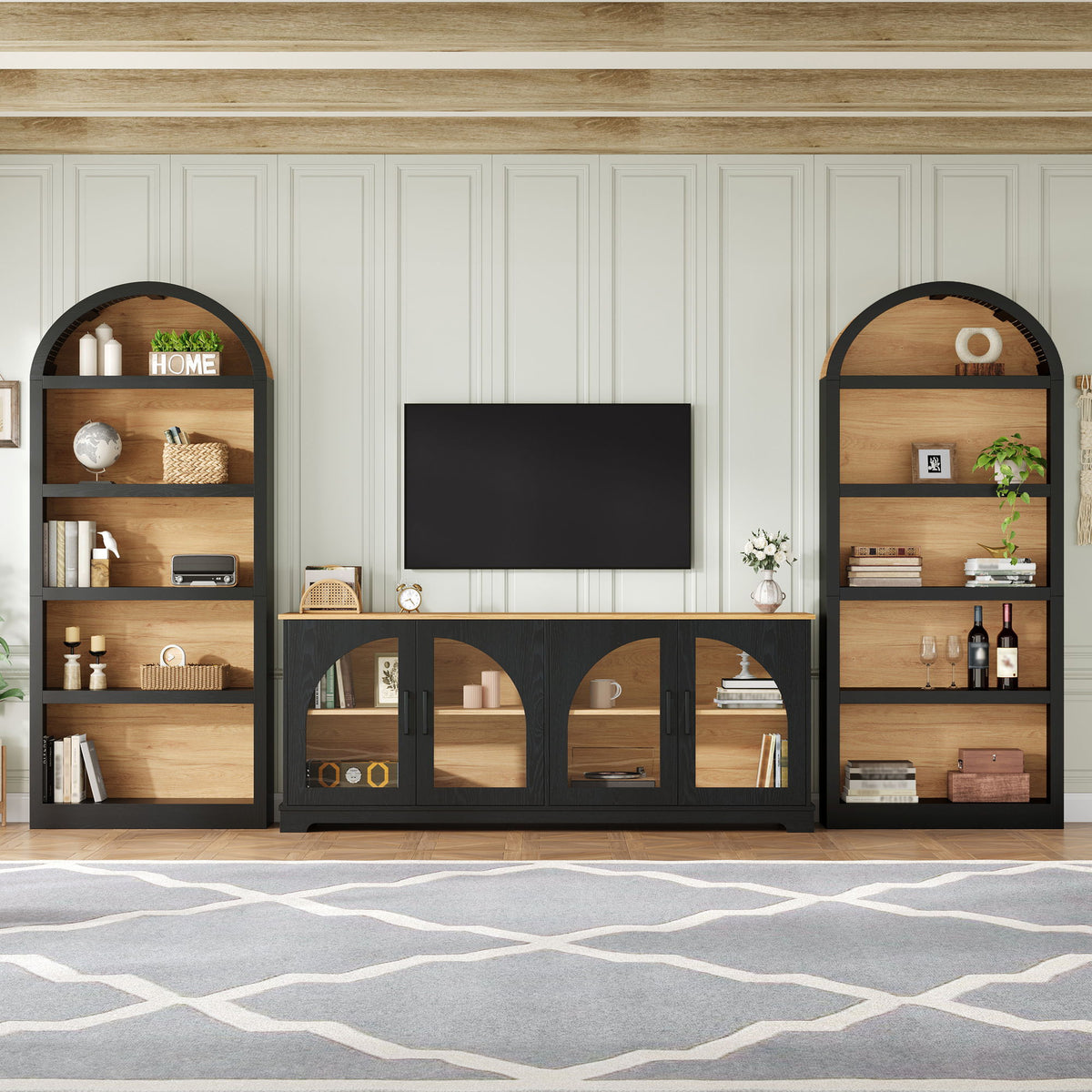 3 Piece TV Stand Set With Bookshel, Entertainment Center With Arched Design