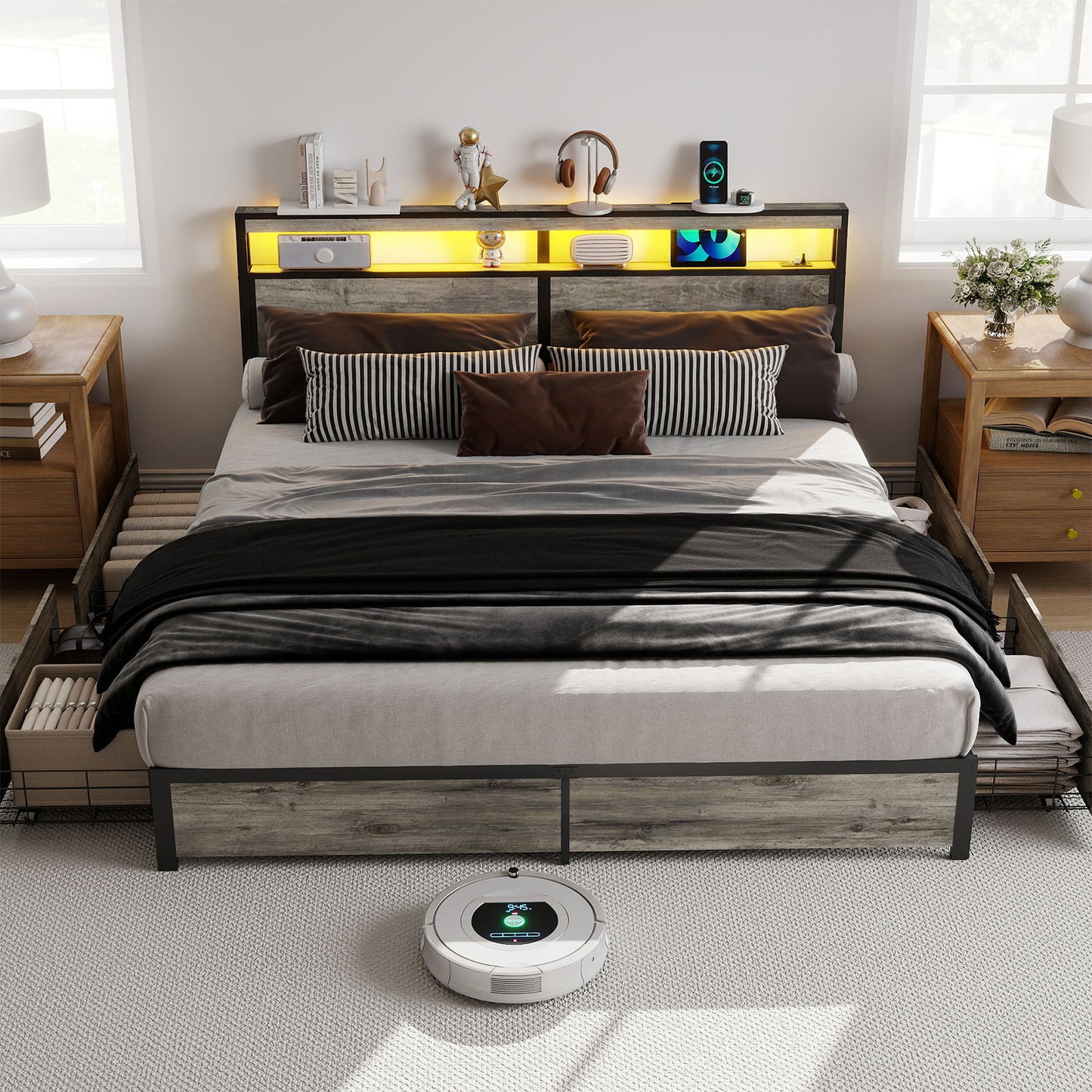 Bed Frame With Headboard, LED Lights & Charging Station