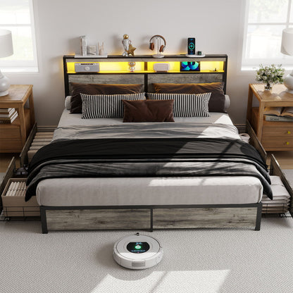 Bed Frame With Headboard, LED Lights & Charging Station
