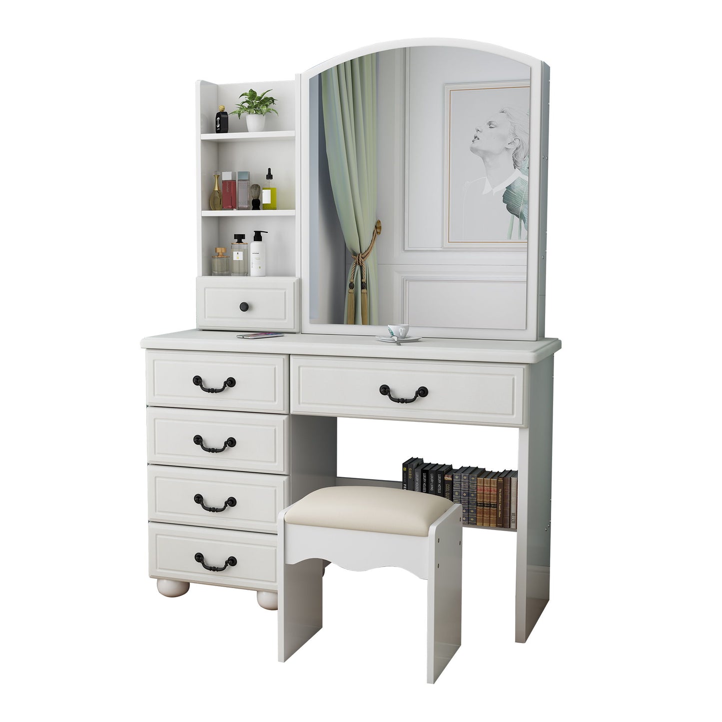Fashion Vanity Desk With Mirror And Adjustable Lighting, 6 Drawers, 3 Color Light Modes - White