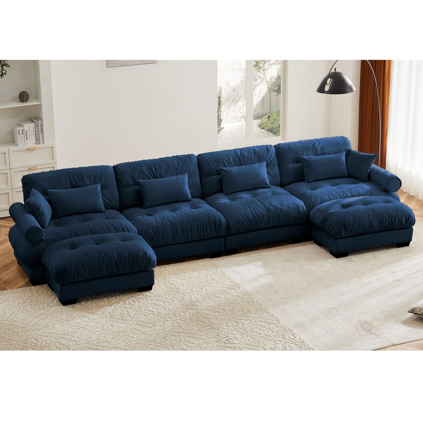 Modern Sectional Sofa With Ottoman, Round Bolster Armrests, Waist And Throw Pillows