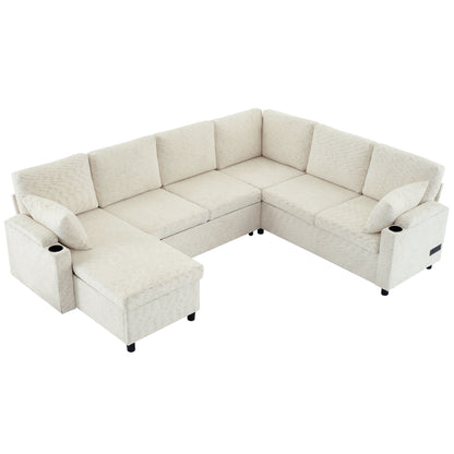 U-Shaped Sectional Sleeper Sofa With Ample Storage Space, 2 Cup Holders And Charging Ports For Living Room