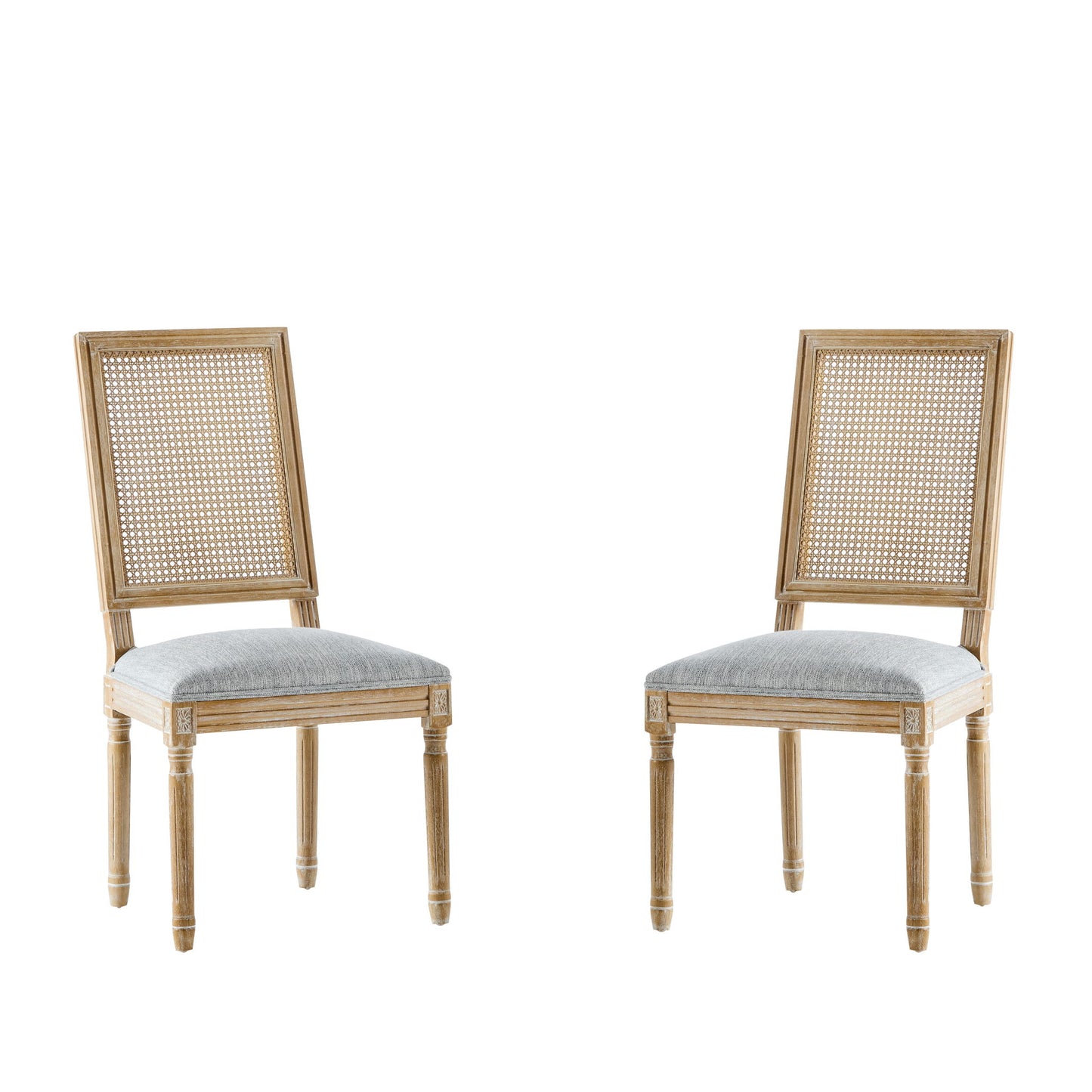 French Country Dining Chair With Rectangular Cane Backrest And Smooth Upholstered Seating