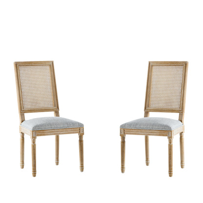 French Country Dining Chair With Rectangular Cane Backrest And Smooth Upholstered Seating
