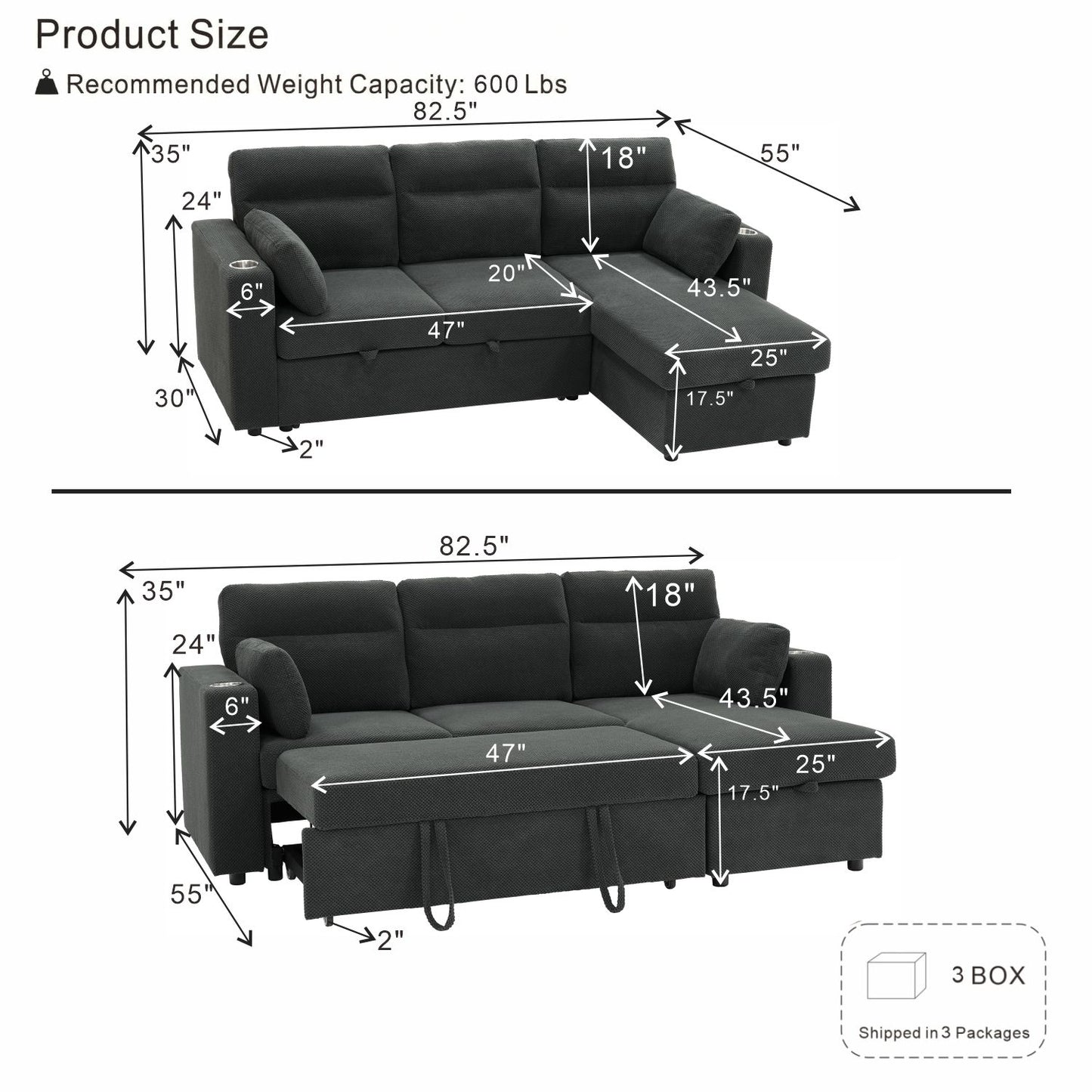 Convertible L - Shaped Sectional Sofa Bed With Storage Chaise, Cup Holders