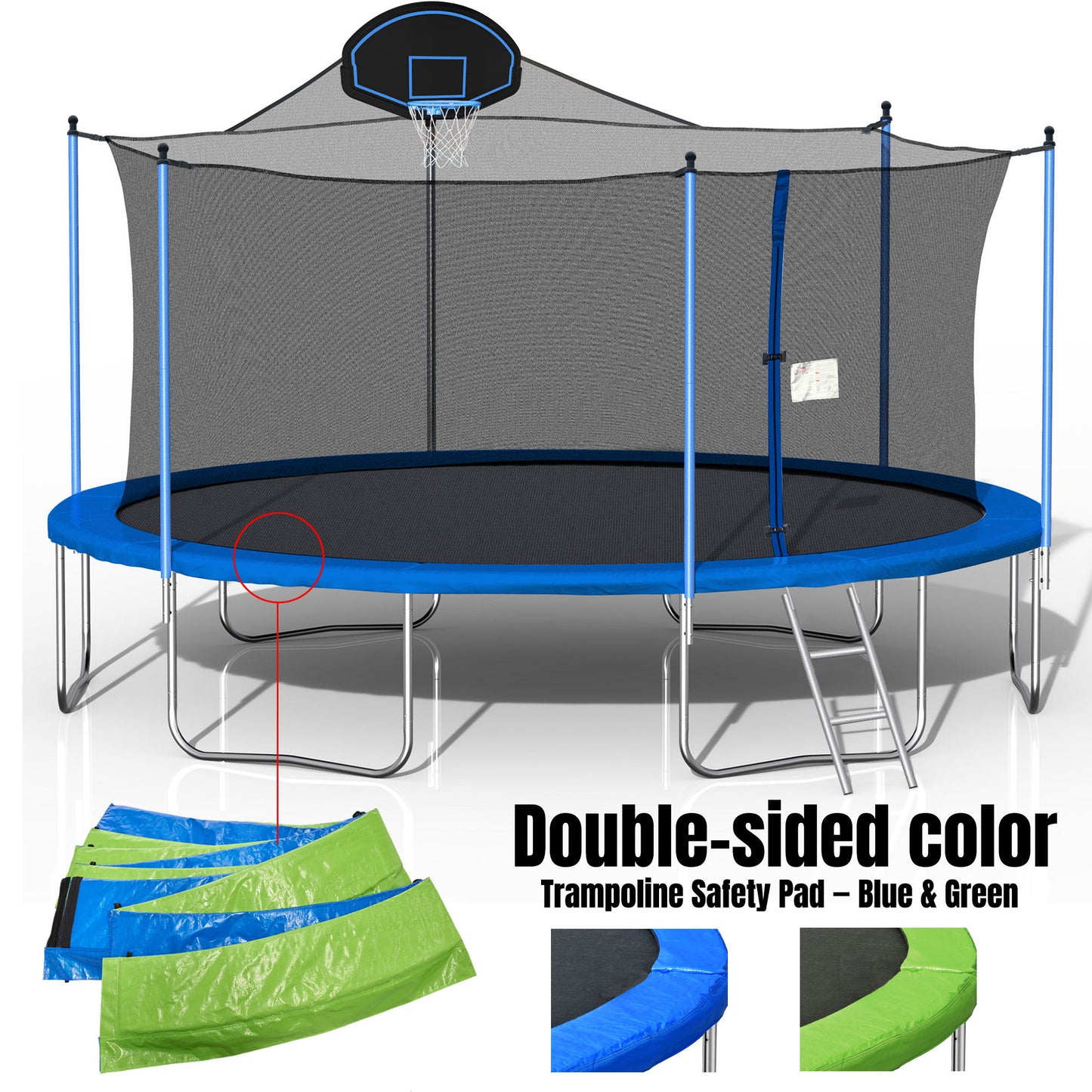 16Ft Trampoline For Adults & Kids With Basketball Hoop, Double-Sided Cover, Outdoor Trampolines With Ladder And Safety Enclosure Net For Kids And Adults - Blue