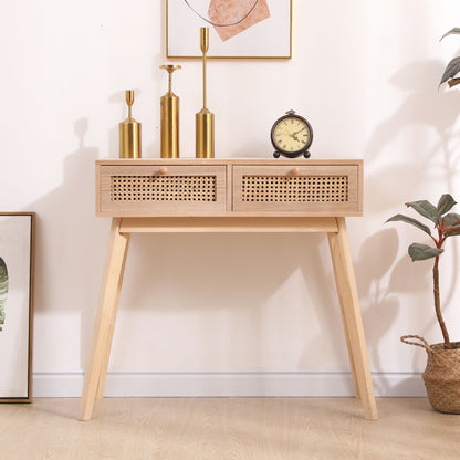 Side Table With Two Real Rattan Drawers, Solid Wood Table Legs, Can Be Used In The Dining Room, Living Room, Bedroom, Entrance