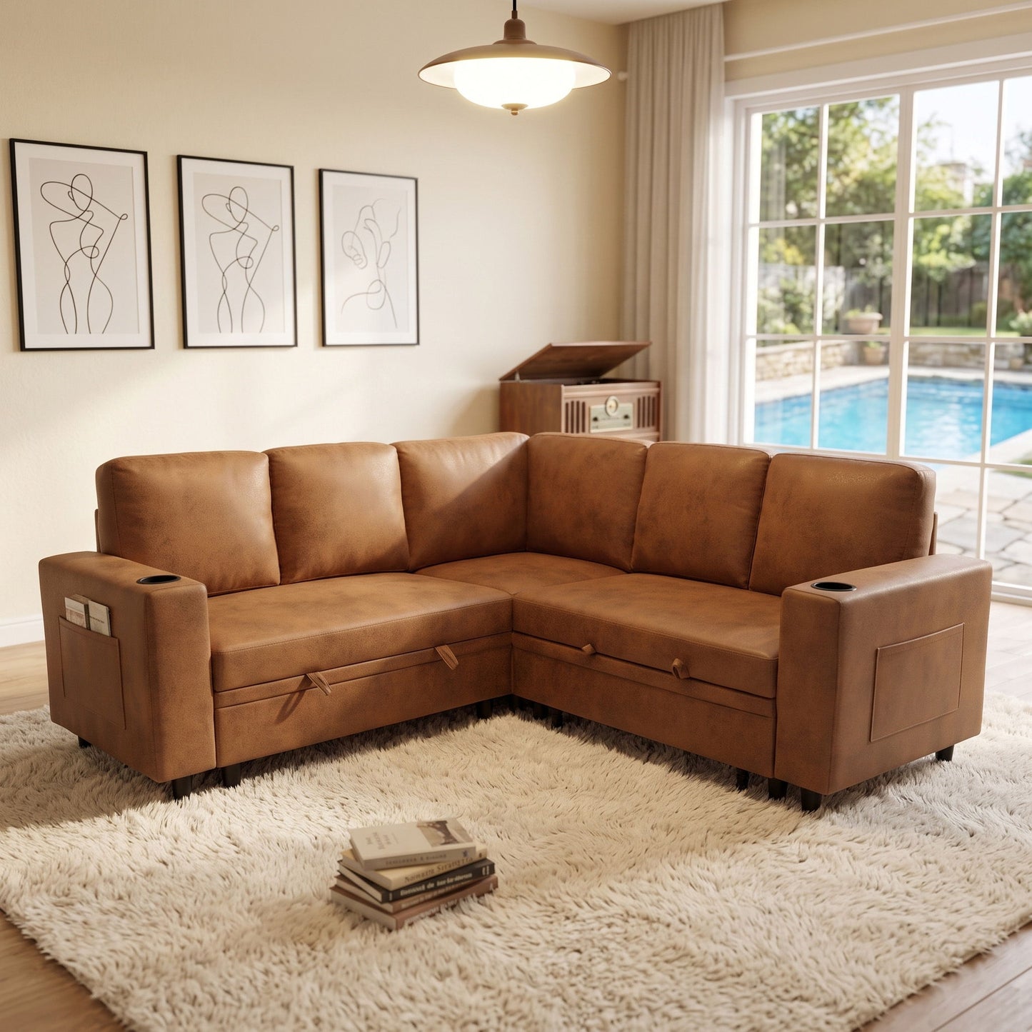 Upholstered L - Shape Sectional Sofa Bed With Pull Out Sleeper And Storage