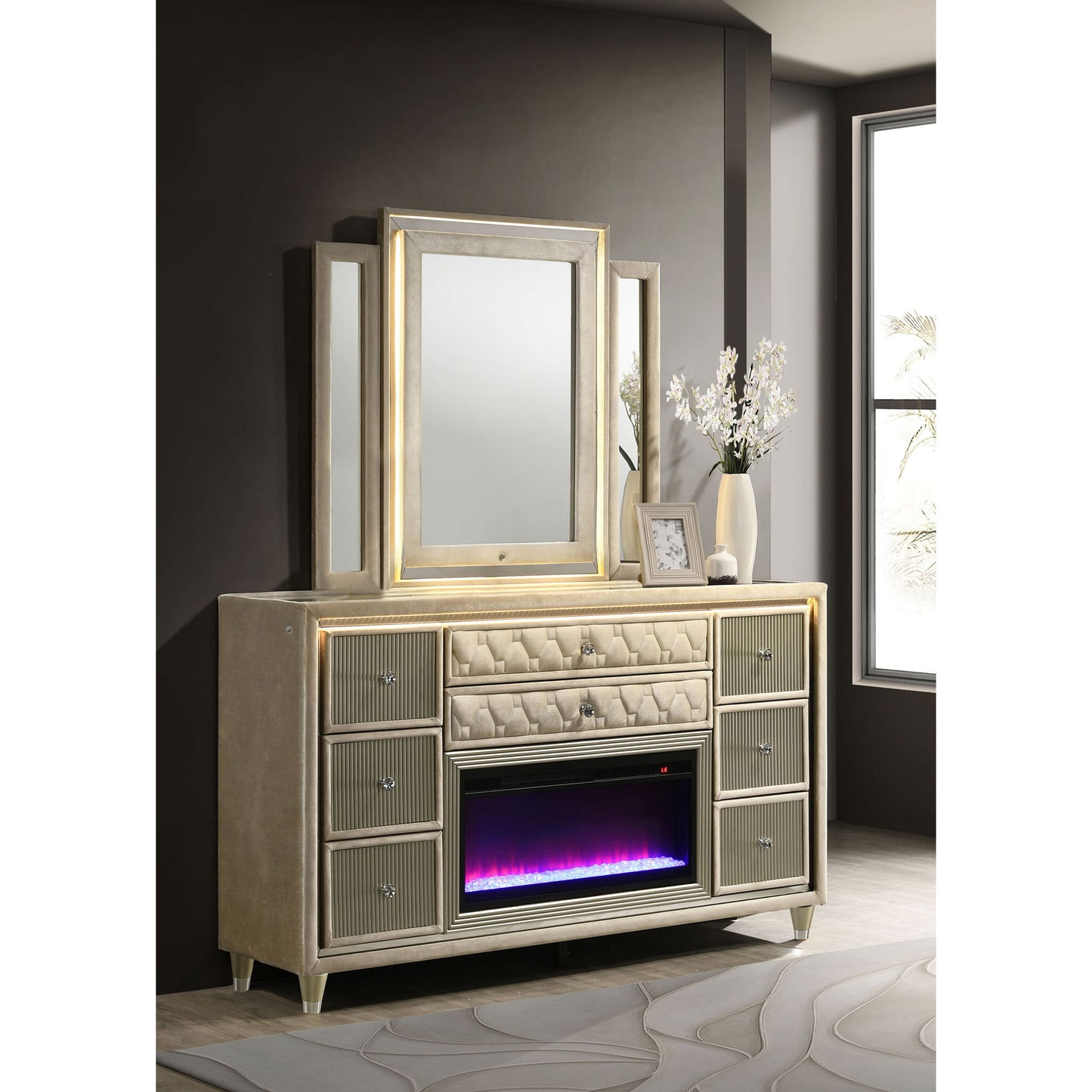 Mika - 8 Drawer LED Dresser And Mirror Set - Ivory