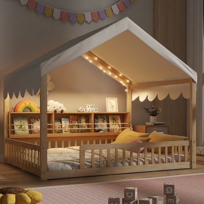 House Shaped Floor Bed With Fense, 3 Storage Bookshelves, Curtain And LED Light