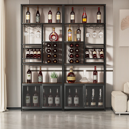 82.7" Industrial Standing Wine Rack With Glass Rack Tall Freestanding Floor Bar Cabinet - Walnut / Black