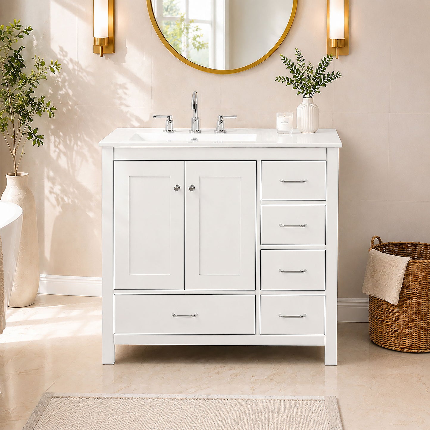 Bathroom Vanity With Sink Combo, 2 Soft Close Doors And 5 Drawers