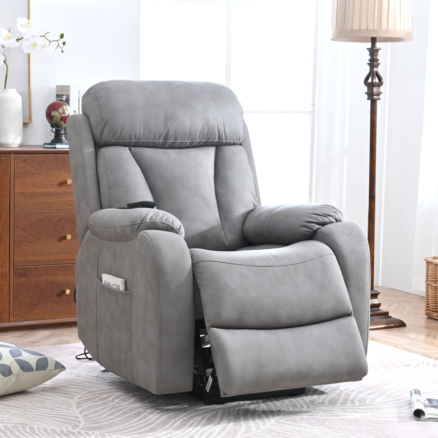 Electric Power Lift Recliner Chair, Fabric Recliner Chair, Home Theater Seating, Living Room Chair, Side Pocket, Remote Control - Light Gray