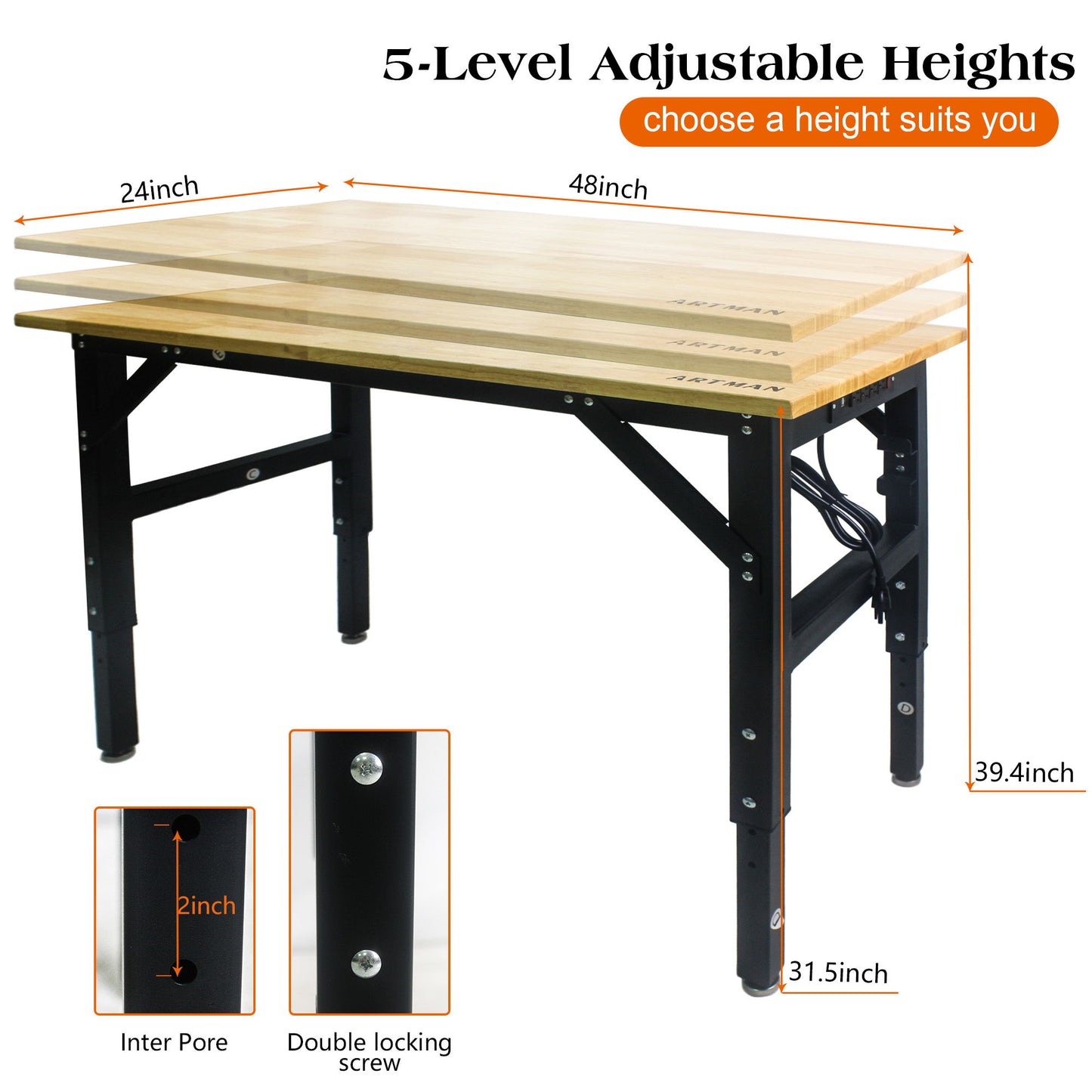 Metal Adjustable Worktable With Socket And Wooden Top - Black