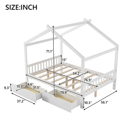 House Style Platform Bed With Headboard, Footboard, 2 Drawers, And Roof Design