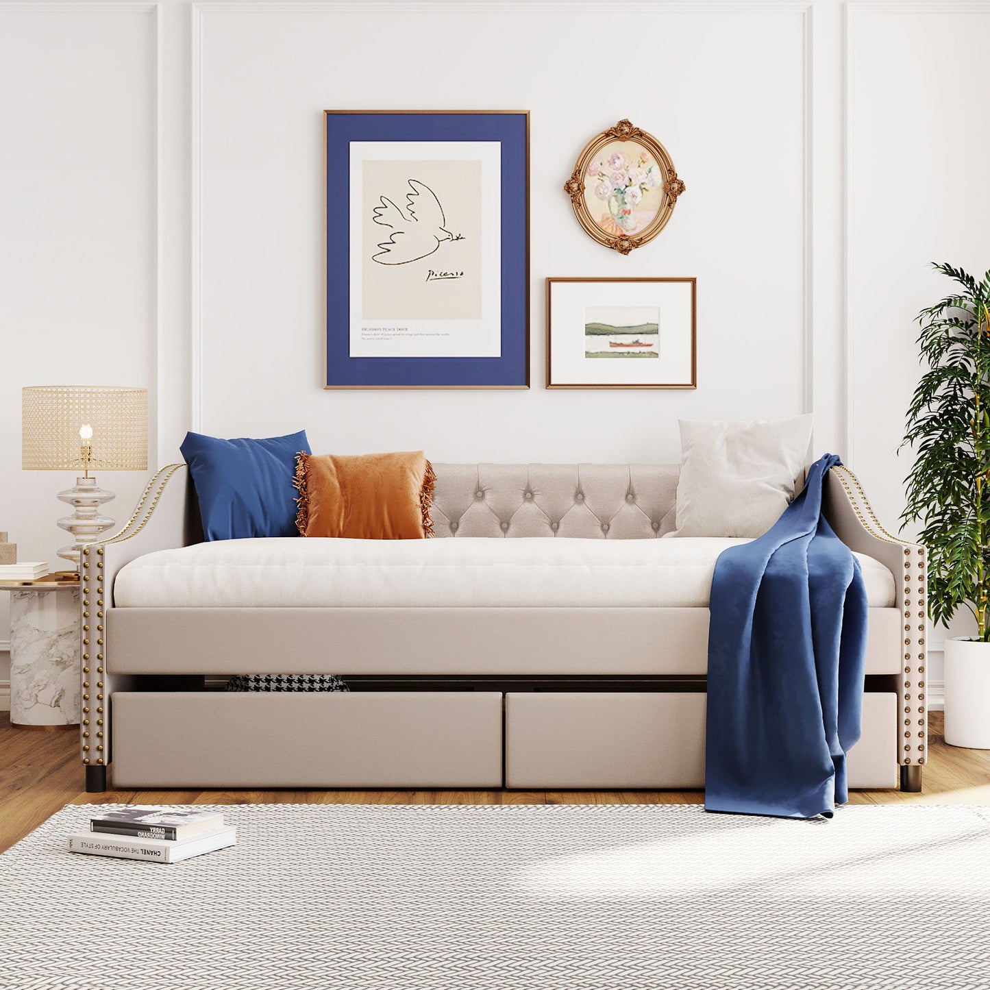 Full Size Upholstered Daybed With Two Drawers, Wood Slat Support