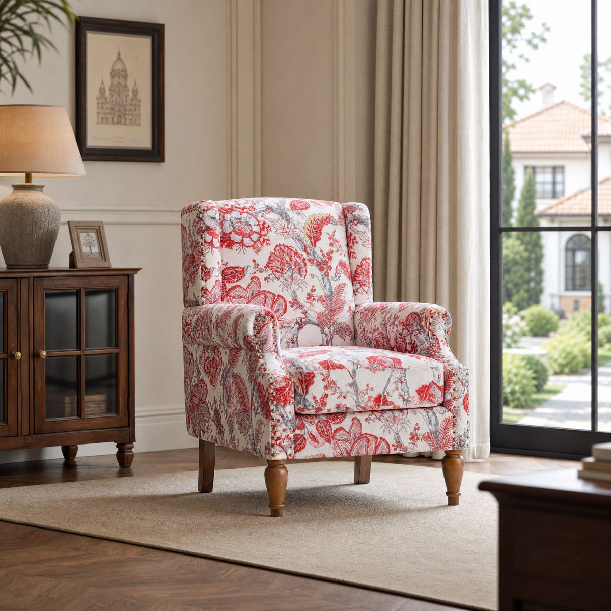 Accent Chair With Floral Upholstery And Nailhead Trim