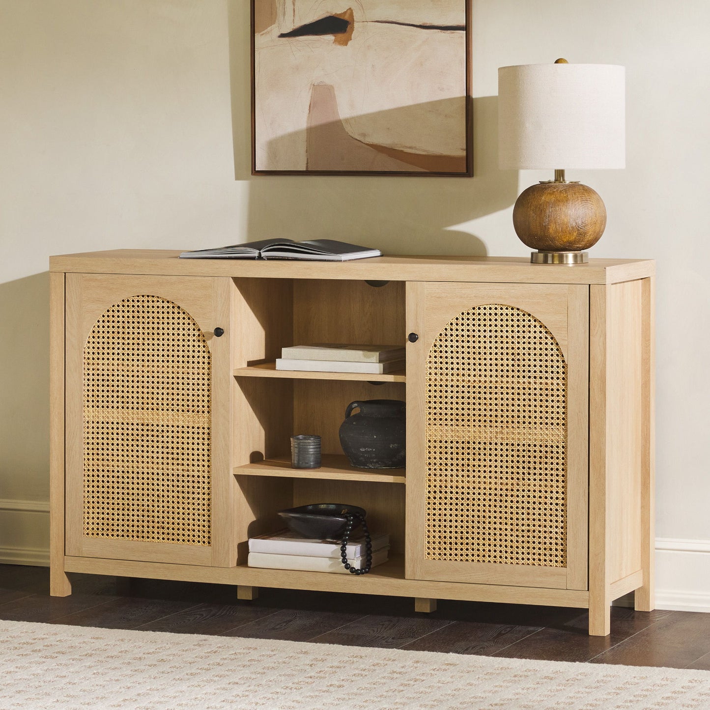 Transitional 2 Door Sideboard With Arched Rattan Panels