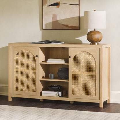 Transitional 2 Door Sideboard With Arched Rattan Panels